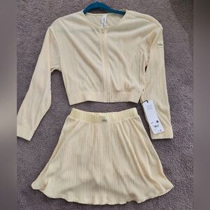 Alo Yoga Micro Plisse Cropped Jacket and Skirt Set In Lemon Ice